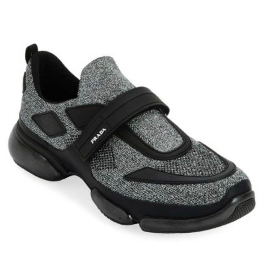 Low-top knit textile Prada sneakers marled in black and silver-tone.